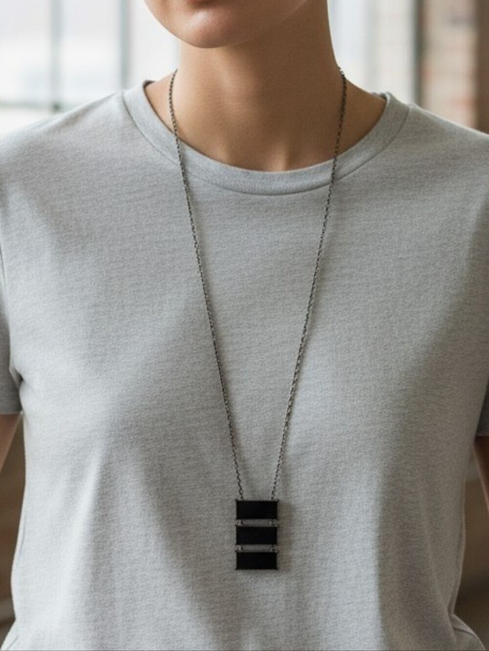 Black Rectangular Triple Pendant Goldtone Necklace
